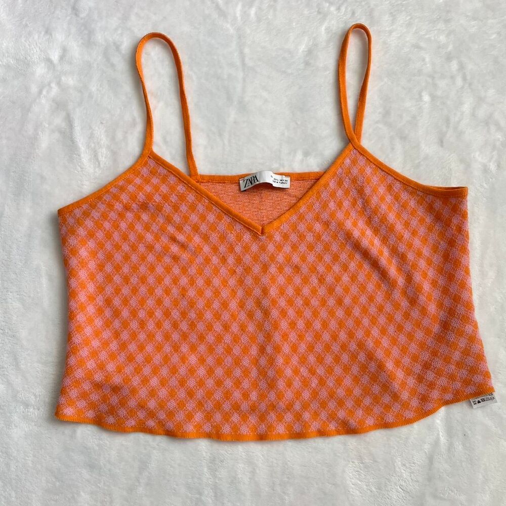 Zara Plaid Tank Top Women's L Cropped V Neck Party Summer Preppy Romantic